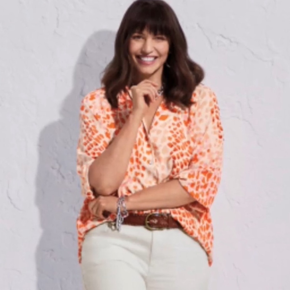 CABI GO-TO WOMEN'S MEDIUM BOTTON DOWN ORANGE TAN ANIMAL PRINT BLOUSE - Picture 2 of 12